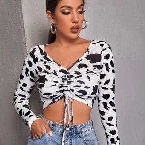 SHEIN Ruched Drawstring Front Cow Print Crop Tee